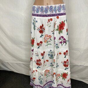 Indu Nour Wild Flower Cotton Midi Skirt • Size L • White/Multicolor